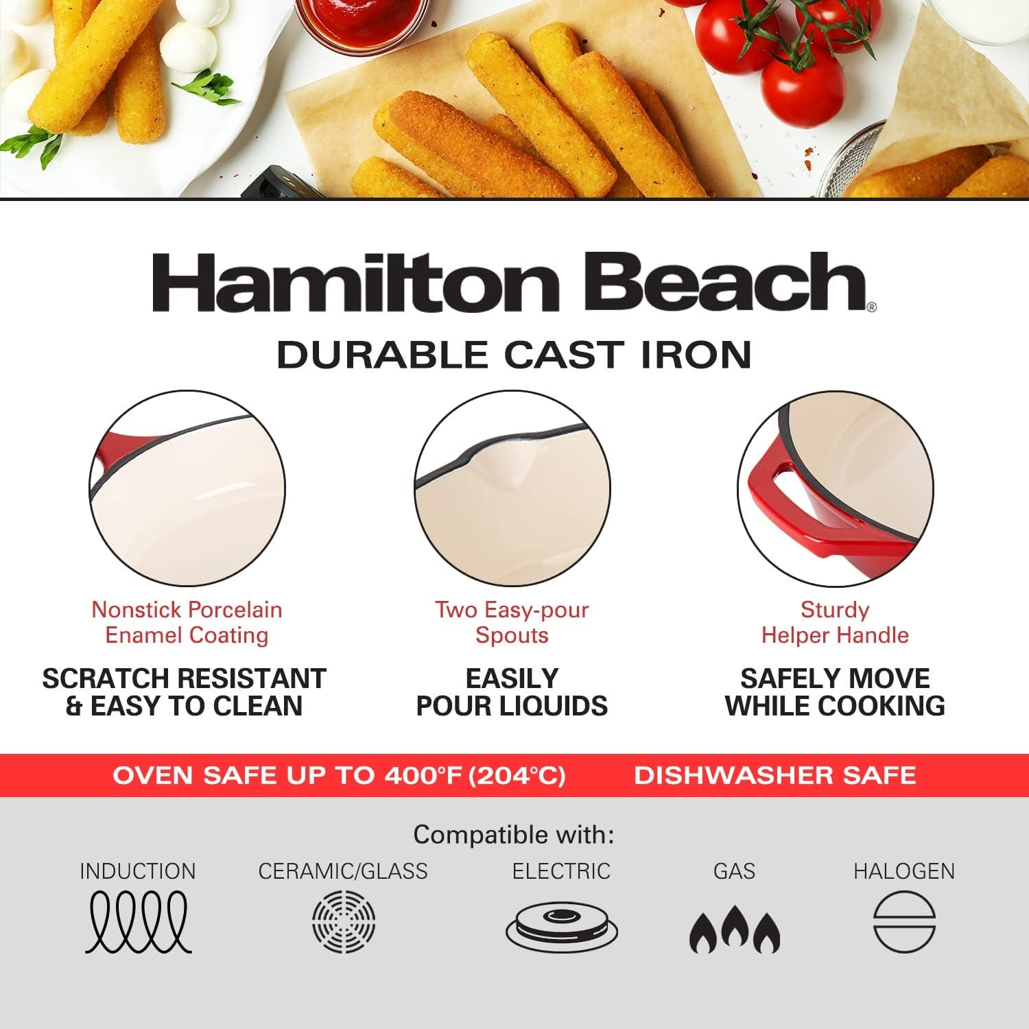 Hamilton Beach Enameled Cast Iron Fry Pan 12-Inch Red. Cream Enamel Coating. Skillet Pan for Stove Top and Oven - Image 3