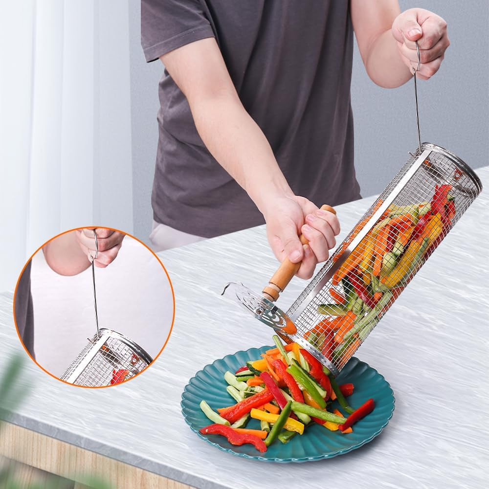 Rolling Barbecue Cage Large Stainless Steel Grilling Basket for Outdoor BBQ Mesh Net Tube Cooking Accessories for Vegetable Fish Camping Gift for Men Dad Husband Housewarming Perfect BBQ Tool - Image 5