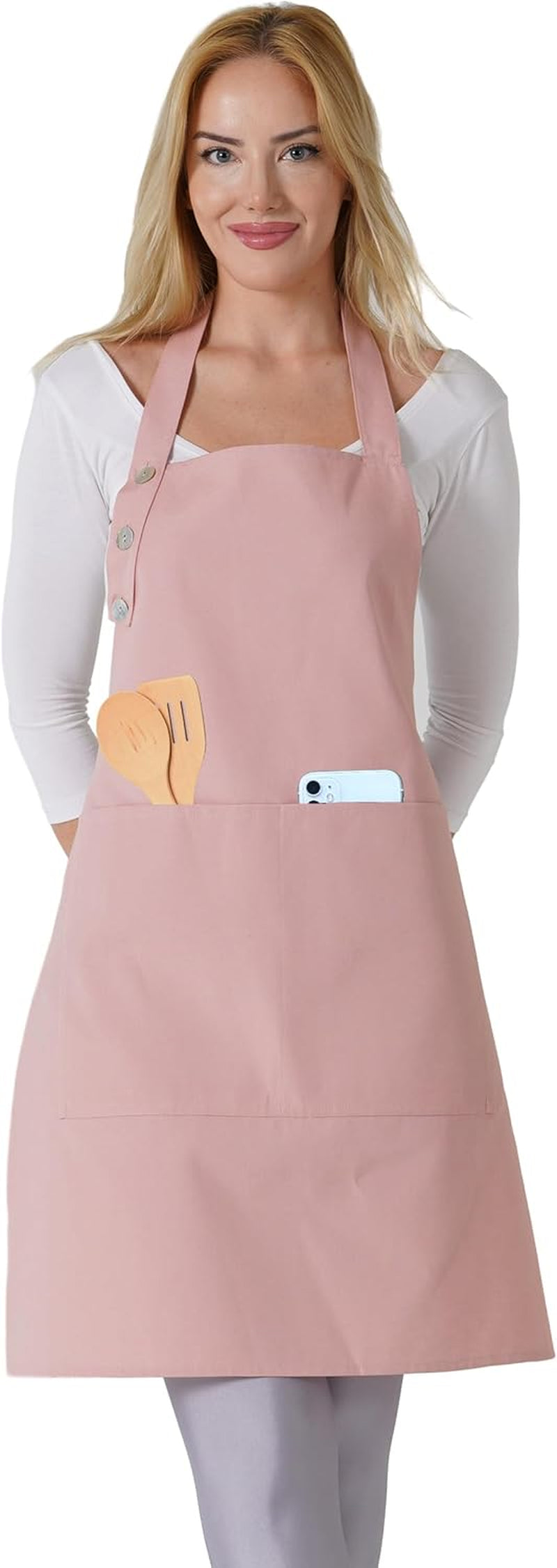 TOSHE Kitchen Apron Waterdrop Resistant Cotton Apron with Adjustable Aprons for Women with Pockets 10 Color Option Cooking Powder Pink Apron (Powder Pink) - Image 9