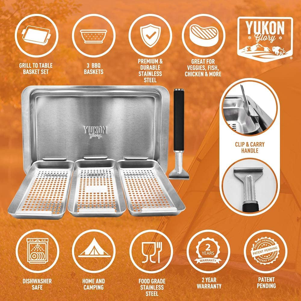™ BBQ 'N SERVE Grill Basket Set - Includes 3 Grilling Baskets a Serving Tray & Clip-On Handle - Patented Grill-To-Table Design Perfect for Grilling Fish Veggies & Meats - Image 5