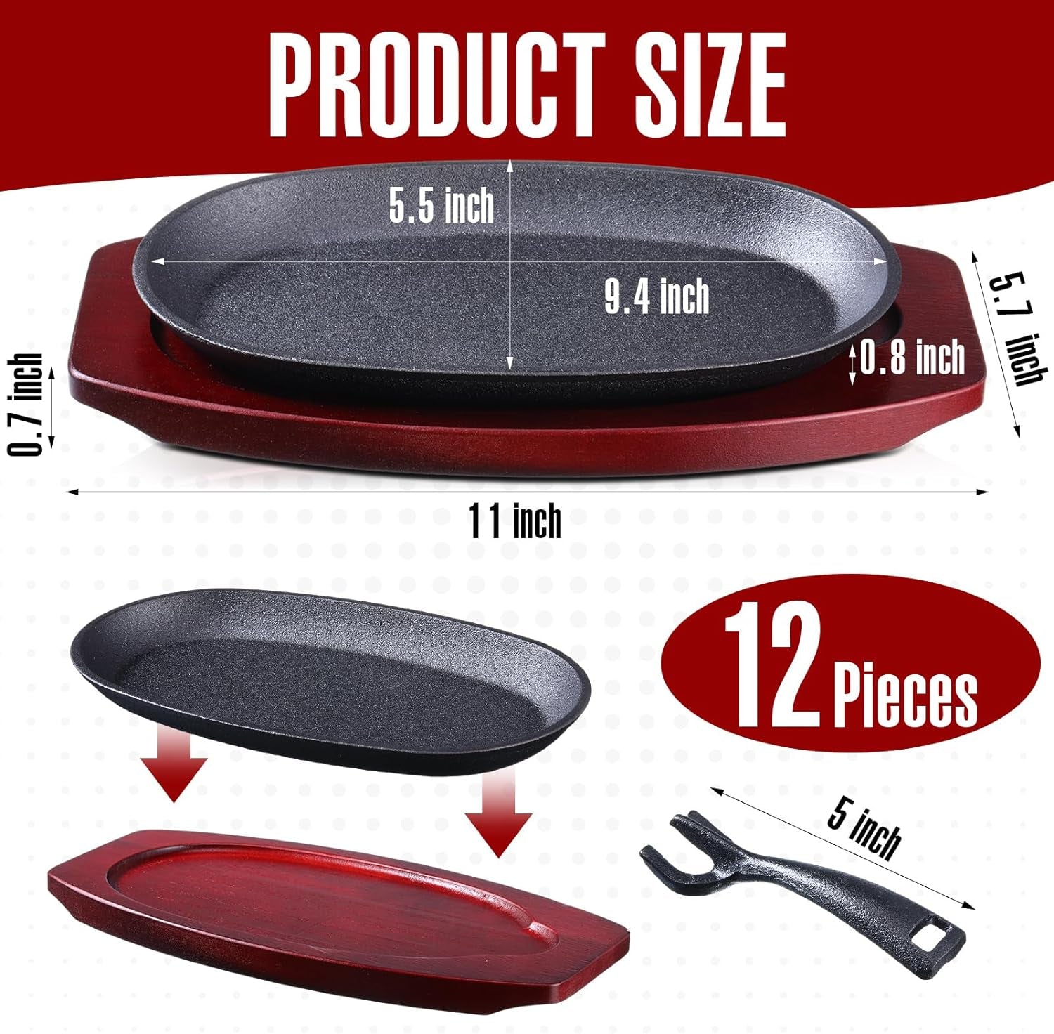 12 Pieces Oval Cast Iron Fajita Pan Set Sizzling Steak Plate with Wooden Base and Handle Cast Iron Steak Cast Iron Fajita Skillet Sizzling Plate for Home Restaurant and Barbecue Picnic - Image 2