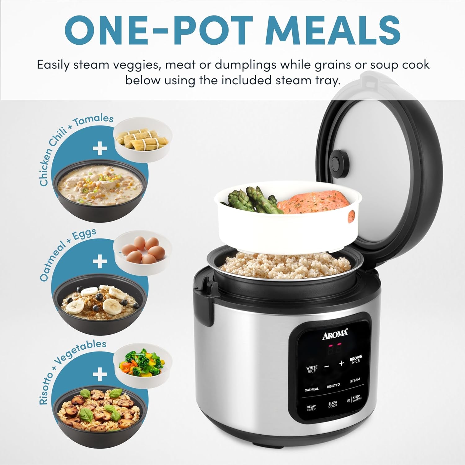 AROMA® Digital Rice Cooker. 4-Cup (Uncooked) / 8-Cup (Cooked). Steamer. Multicooker. Slow Cooker. Oatmeal Cooker. Auto Keep Warm. 2 Qt. Stainless Steel Exterior - Image 2