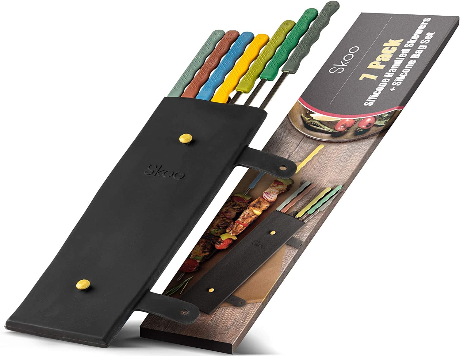 Skoo Barbecue Skewers Set - 7 Silicone Handled Stainless Steel BBQ Skewers + Silicone Storage Bag - 14 Flat Metal Shish Kebab Skewers for Grilling - Reusable Grill Kabob Skewer Sticks + Rollable Bag - Image 8