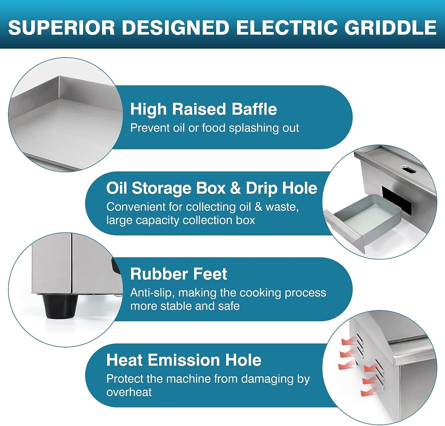 Commercial Electric Griddle 22. 3000W Electric Flat Top Griddle Grill Indoor with 122~572℉ Adjustable Temperature Control. Non-Stick Stainless Steel Teppanyaki Grill for Restaurant. Hotel - Image 6