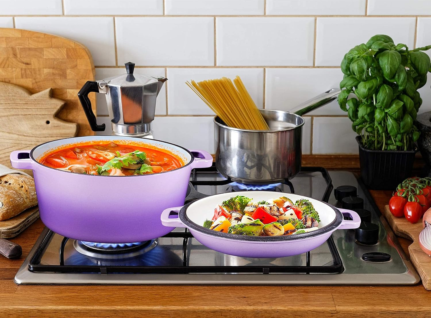 Bruntmor 2-In-1 Enamel Cast Iron Dutch Oven with Handles - Crock Pot Purple Cast Iron Pot with Skillet Lid - All-In-One Cookware Braising Pan for Casserole Dish - 5 Quart. Purple - Image 5