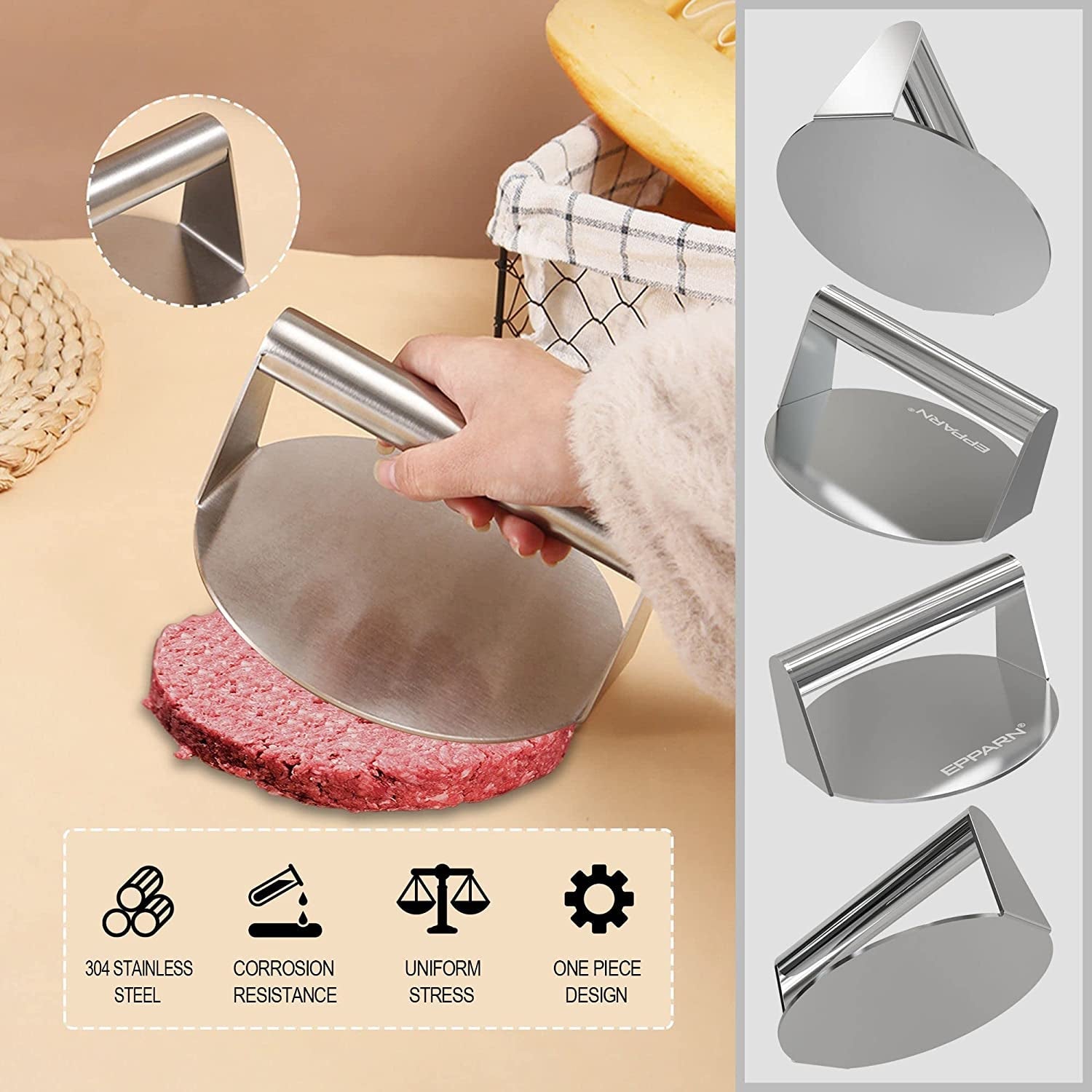 EPPARN Enlarged 6.3 Inch Smash Burger Press. Stainless Steel Burger Smasher for Griddle. Hamburger Press. Grill Press Bacon Press. Burger Press Smashburger - Image 3