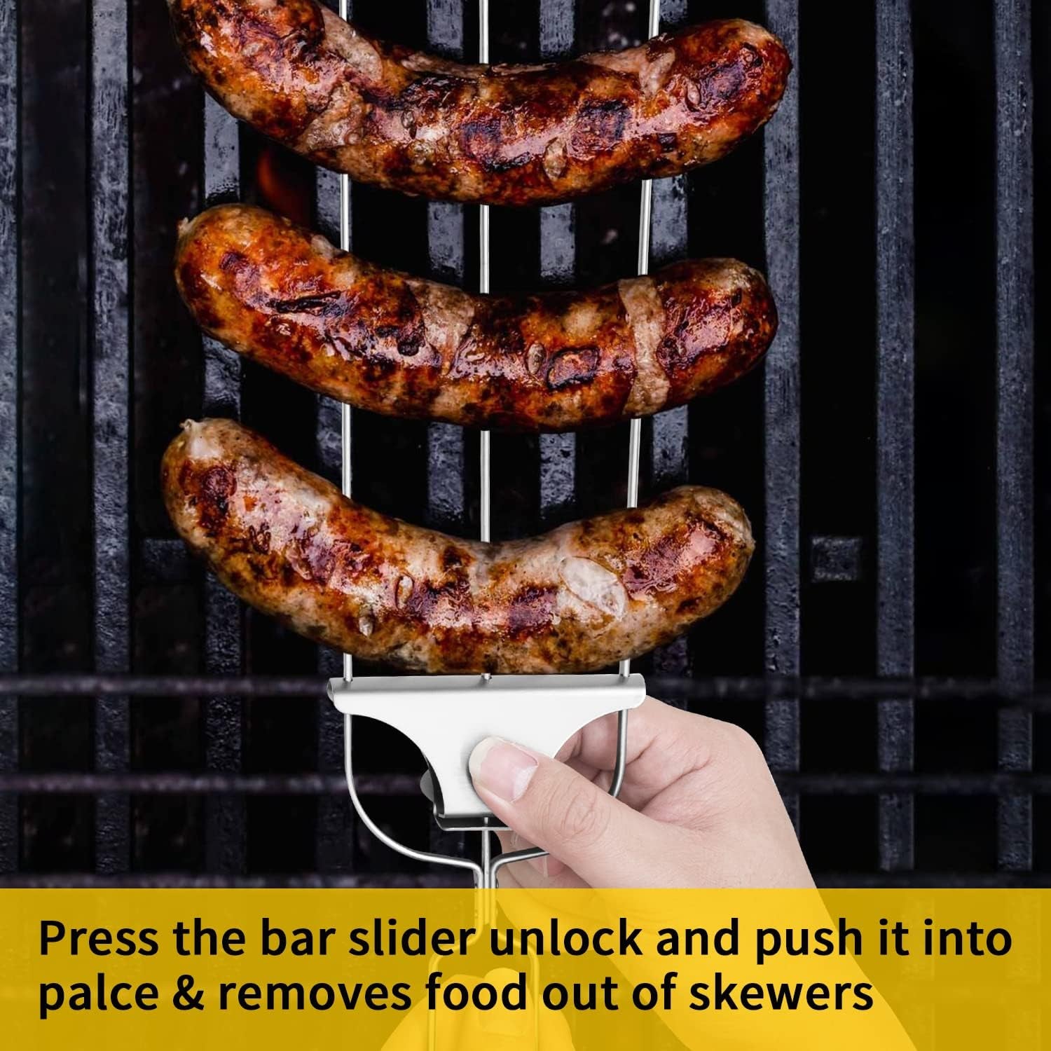 Chuanke 3-Prong Stainless Steel Skewers for BBQ Grilling with Push Bar Slider Easy Food Removal (1) - Image 3