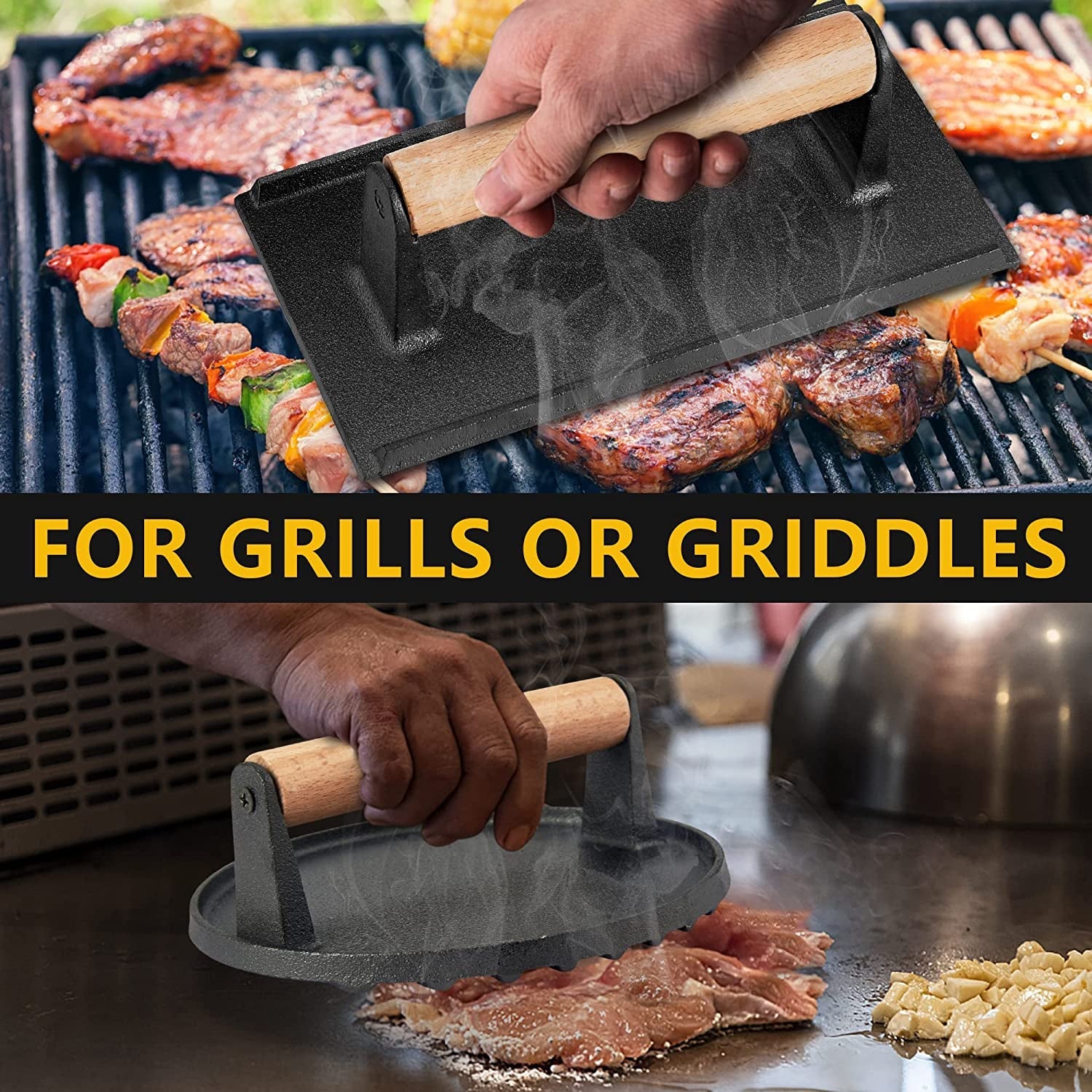 Leonyo 2Pcs Smash Burger Press. Bacon Press for Griddle. round Cast Iron Grill Press for Flat Top Grill. Rectangular Hamburger Smasher for Griddle. Food Meat Press for Steak. Sandwich. Nonstick Pan - Image 6