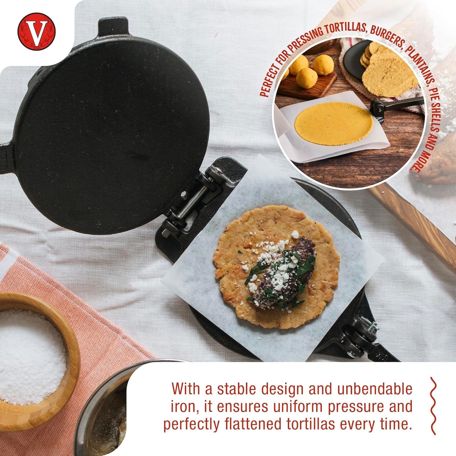 Victoria 8 Inches Cast Iron Tortilla Press. Roti Maker and Tortilladora. Pataconera Seasoned with Flaxseed Oil. Made in Colombia - Image 3