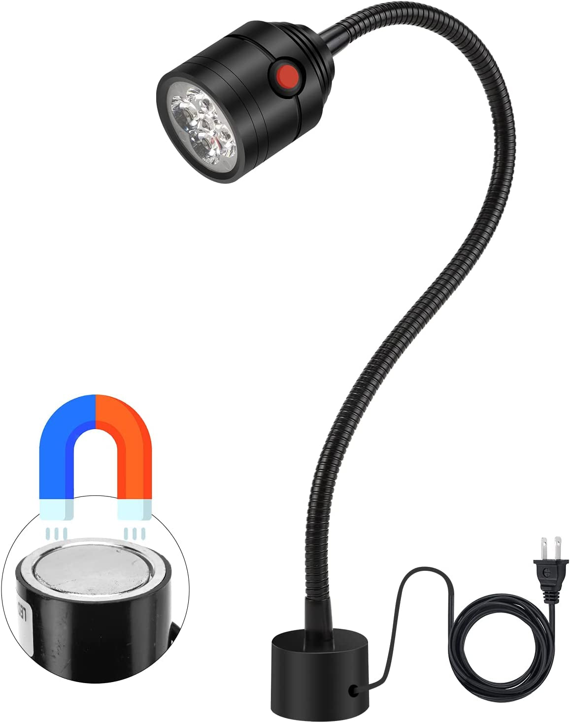 Magnetic Work Light. LED Machine Light with Flexible Gooseneck and Magnetic Base. Shop Tool Lamp for Lathe. Work Bench. Sewing Machine. Grill. Industrial Lighting Black