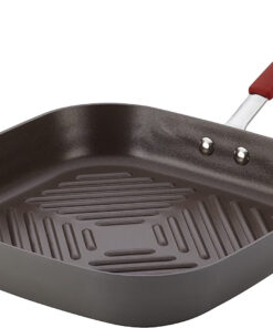 Cucina Hard Anodized Nonstick Grill/Deep Square Griddle Pan. 11 Inch. Gray with Red Handles