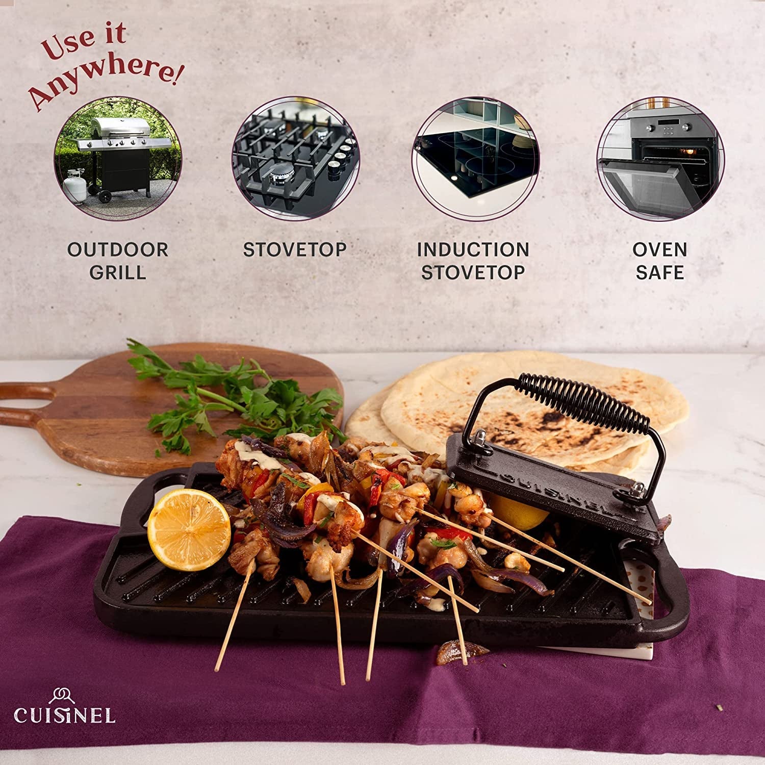 Cast Iron Griddle/Grill + Burger Press + Pan Scrapers - Reversible Pre-Seasoned 16.75 X 9.5-Inch Dual Handle Flat Skillet and Griller Pan + Cleaning Accessories - Indoor/Outdoor Stove Safe - Image 2