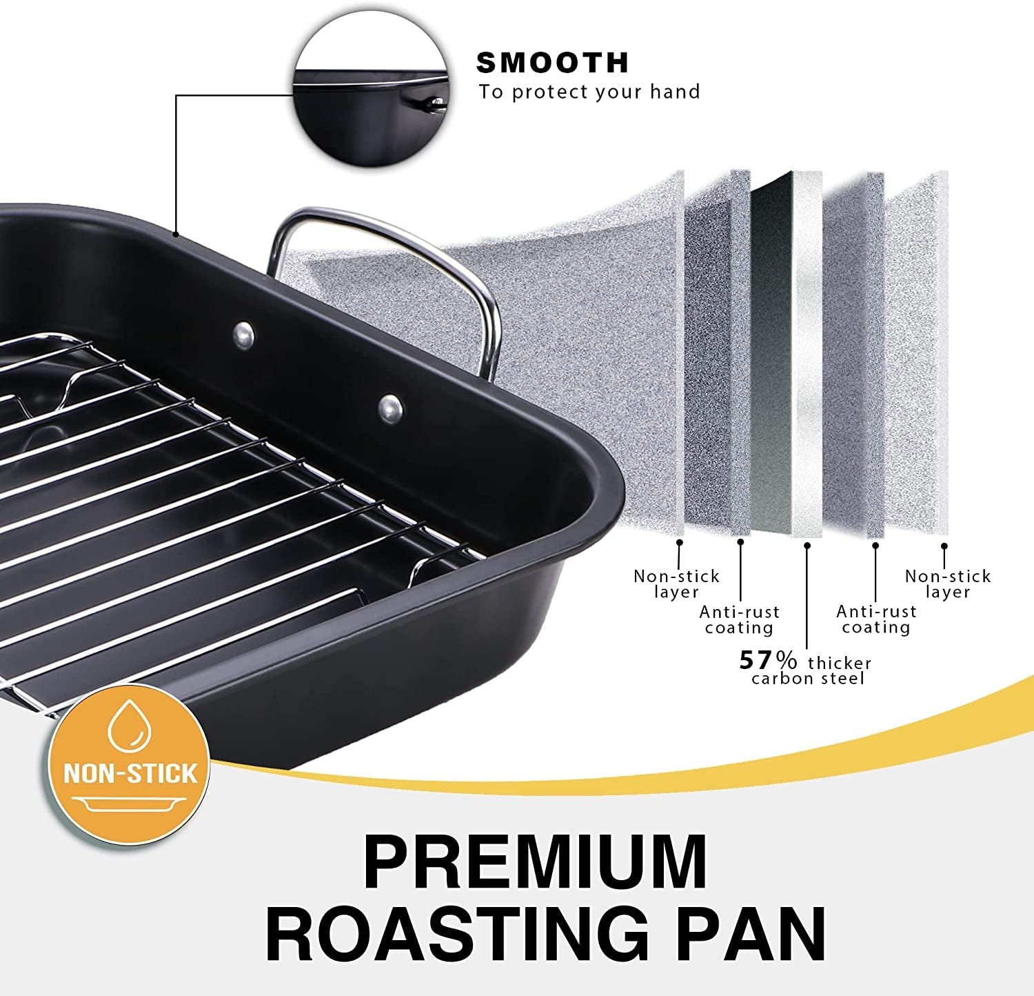 HONGBAKE Small Roasting Pan with Flat Rack. Nonstick Chicken Roaster Tray. Mini Oven Pans for Cooking Lasagna with Stainless Steel Handles. 16 X 11Inch - Image 5