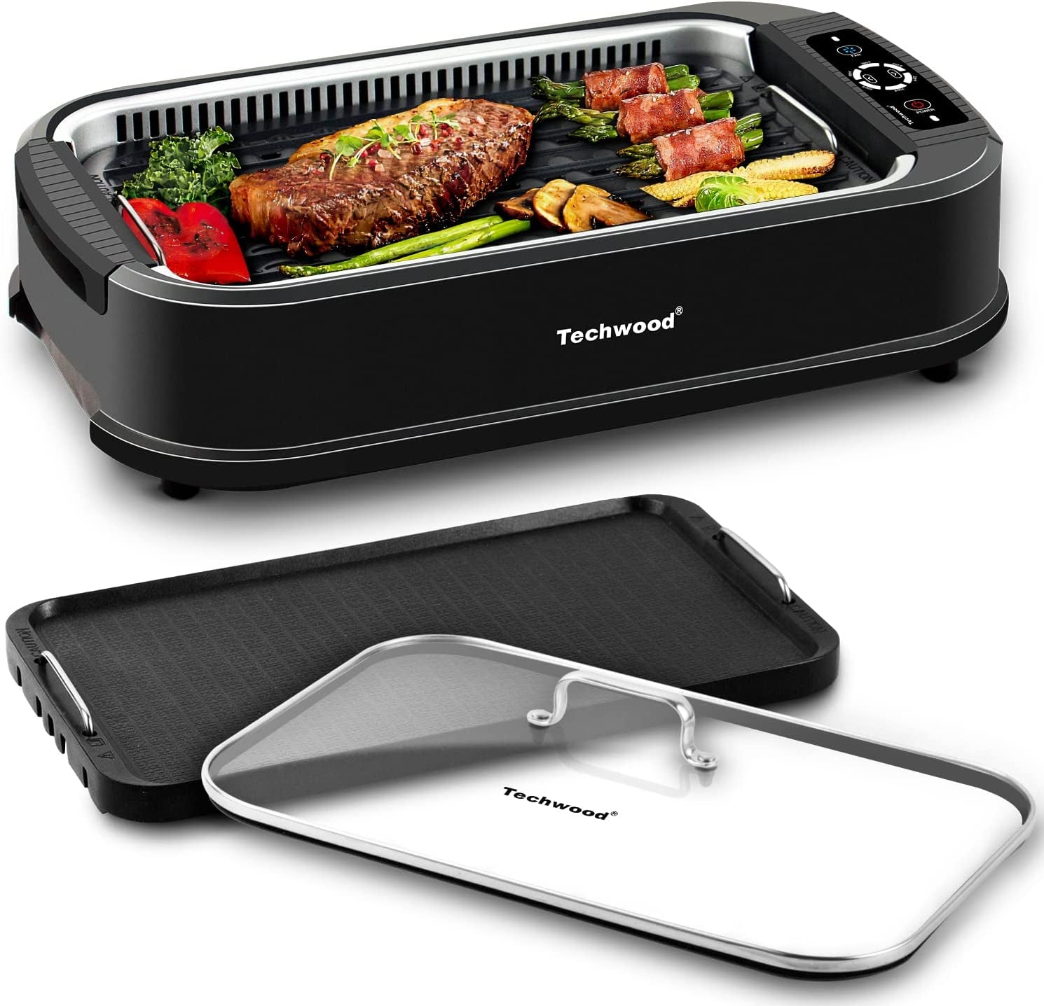 Indoor Grill. 1500W Smokeless Electric Grill with 2 In1 Nonstick Grill/Griddle Plates. Portable Korean BBQ Grill with 6-Level Control. Glass Lid. Dishwasher Safe. Double Plates. Black