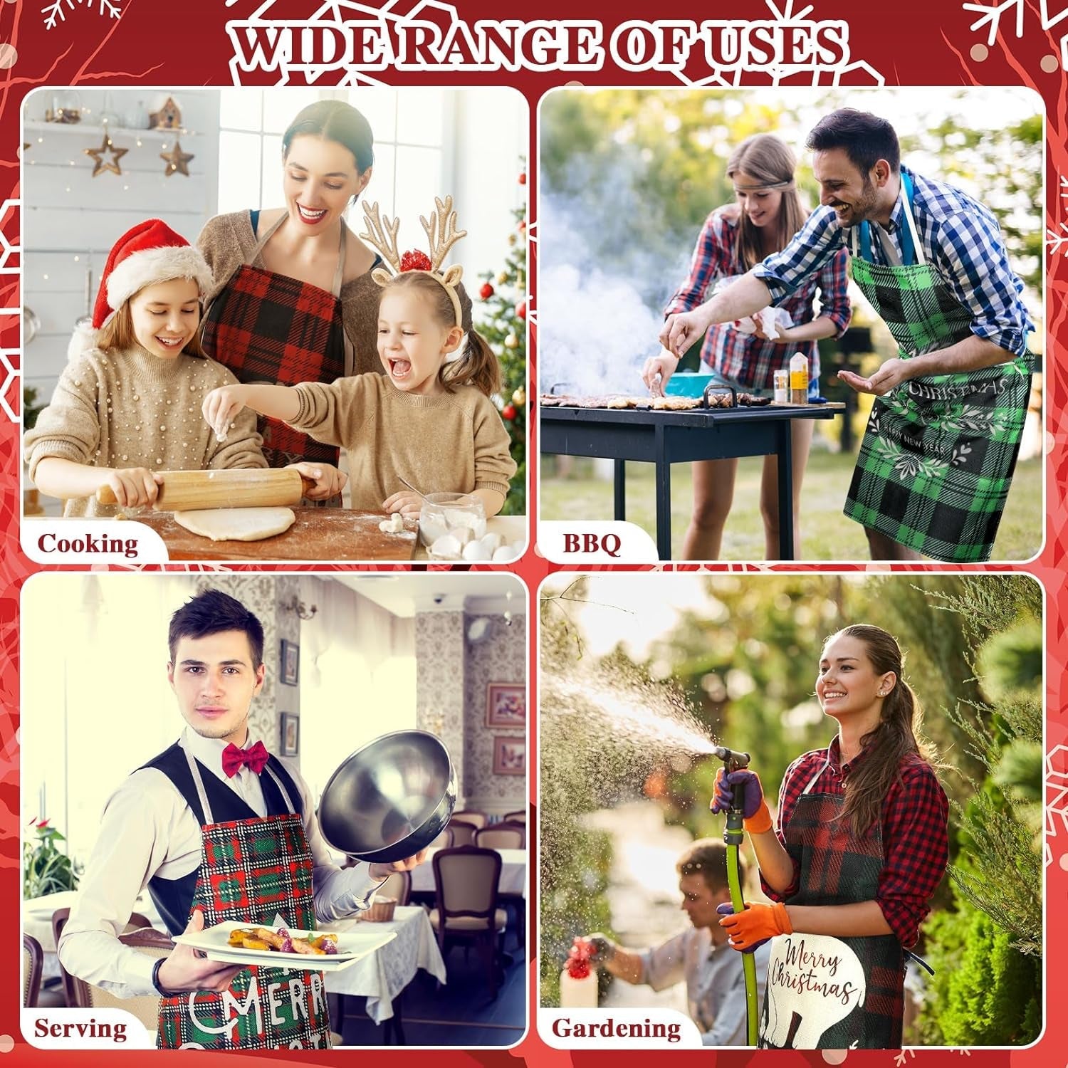 8 Pcs Christmas Buffalo Plaid Aprons Waterproof Holiday Kitchen Aprons Xmas Adjustable Baking Cooking Aprons Merry Christmas Aprons for Women Men Adults Chef Housewife - Image 5