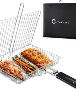 JY COOKMENT Stainless Steel Grill Basket with Removable Handle – BBQ Basket for Fish. Veggies & Steak. Dishwasher Safe
