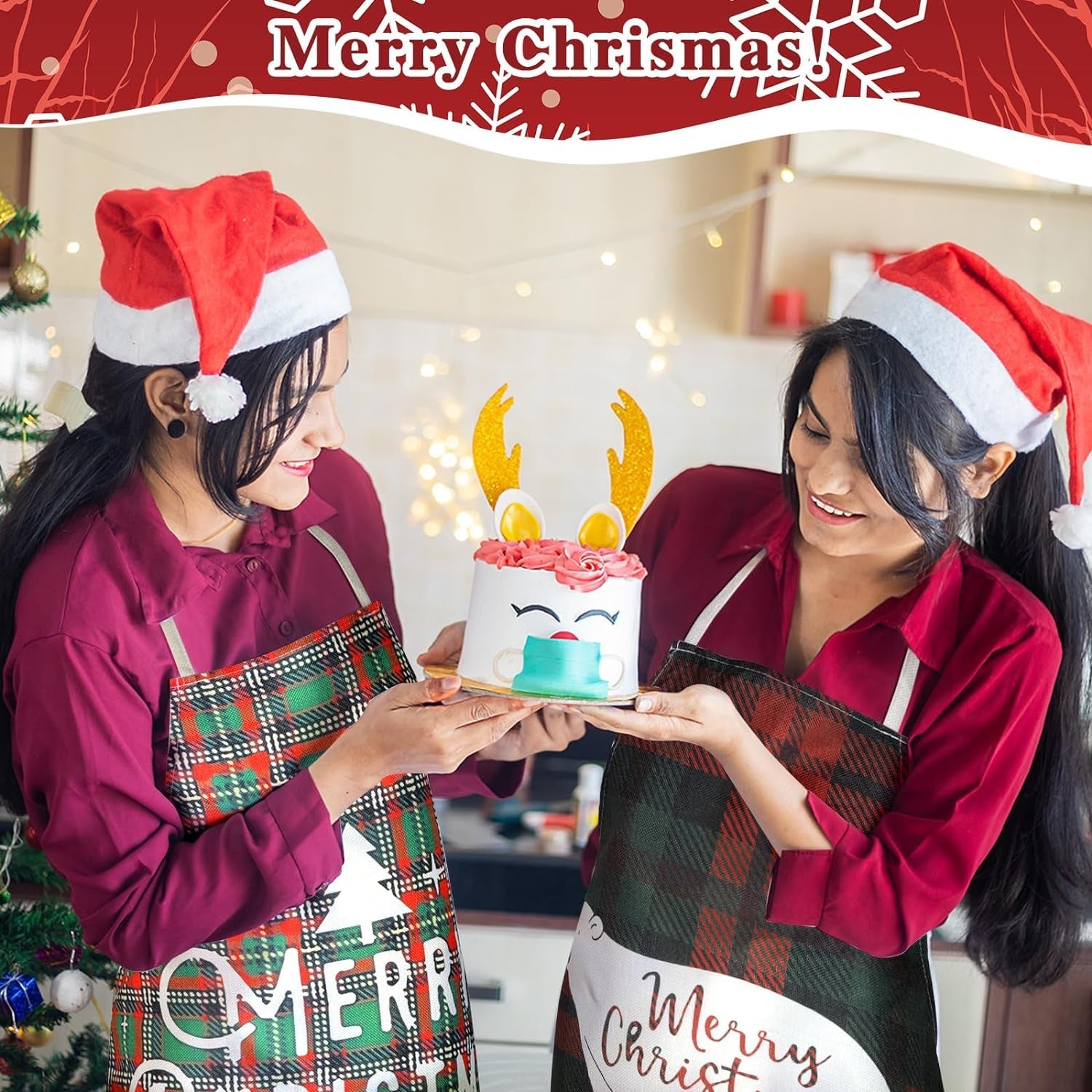 8 Pcs Christmas Buffalo Plaid Aprons Waterproof Holiday Kitchen Aprons Xmas Adjustable Baking Cooking Aprons Merry Christmas Aprons for Women Men Adults Chef Housewife - Image 3