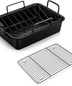 14 Inch Roasting Pan with Rack Set. P&P CHEF Turkey Roaster Pan & V-Shape Baking Rack & Cooling Rack for Chicken Vegetable Lasagna Cookie. Nonstick Coating & Stainless Steel Core. Sturdy & Healthy