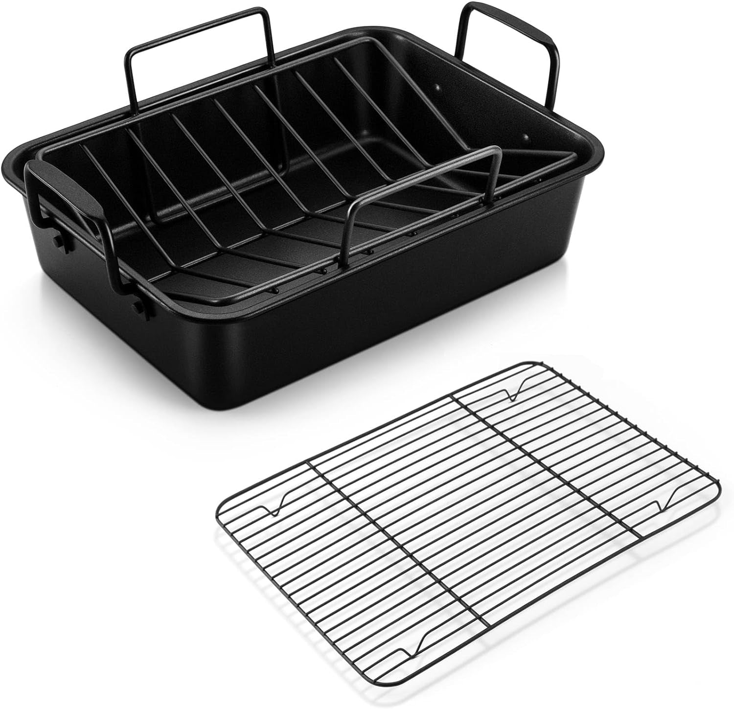 14 Inch Roasting Pan with Rack Set. P&P CHEF Turkey Roaster Pan & V-Shape Baking Rack & Cooling Rack for Chicken Vegetable Lasagna Cookie. Nonstick Coating & Stainless Steel Core. Sturdy & Healthy - Image 8