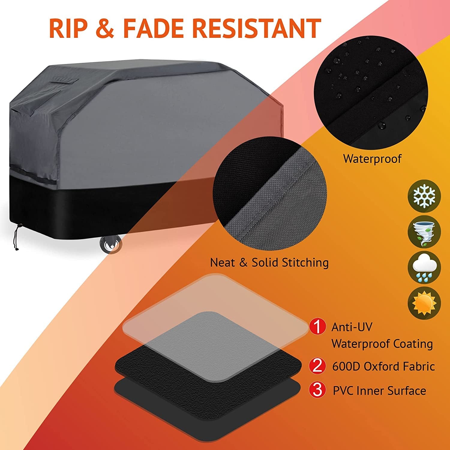 Waykea Heavy Duty Grill Cover 65 Inch. 600D Oxford Waterproof UV & Fade Resistant BBQ Cover for Weber Char-Broil Dyna Glo Nexgrill Charcoal Gas Grill (65W X 26D X 45H. Gray/Black) - Image 5