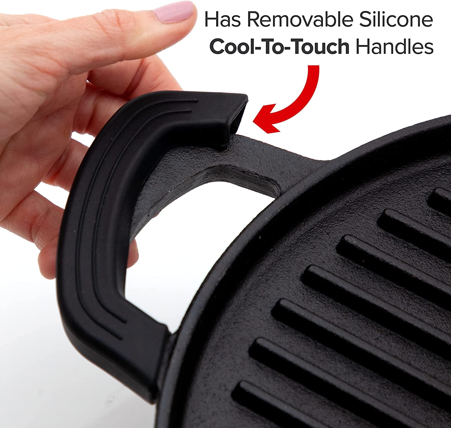 Cast Iron Grill. 12.42X10.21 Non-Stick Grilling Surface. Deep Grill Ridges. Pre-Seasoned. Stay-Cool Silicone Handles. Easy-To-Clean. Oven Safe. Stovetop. BBQ. Fire & Smoker. Induction-Ready - Image 4