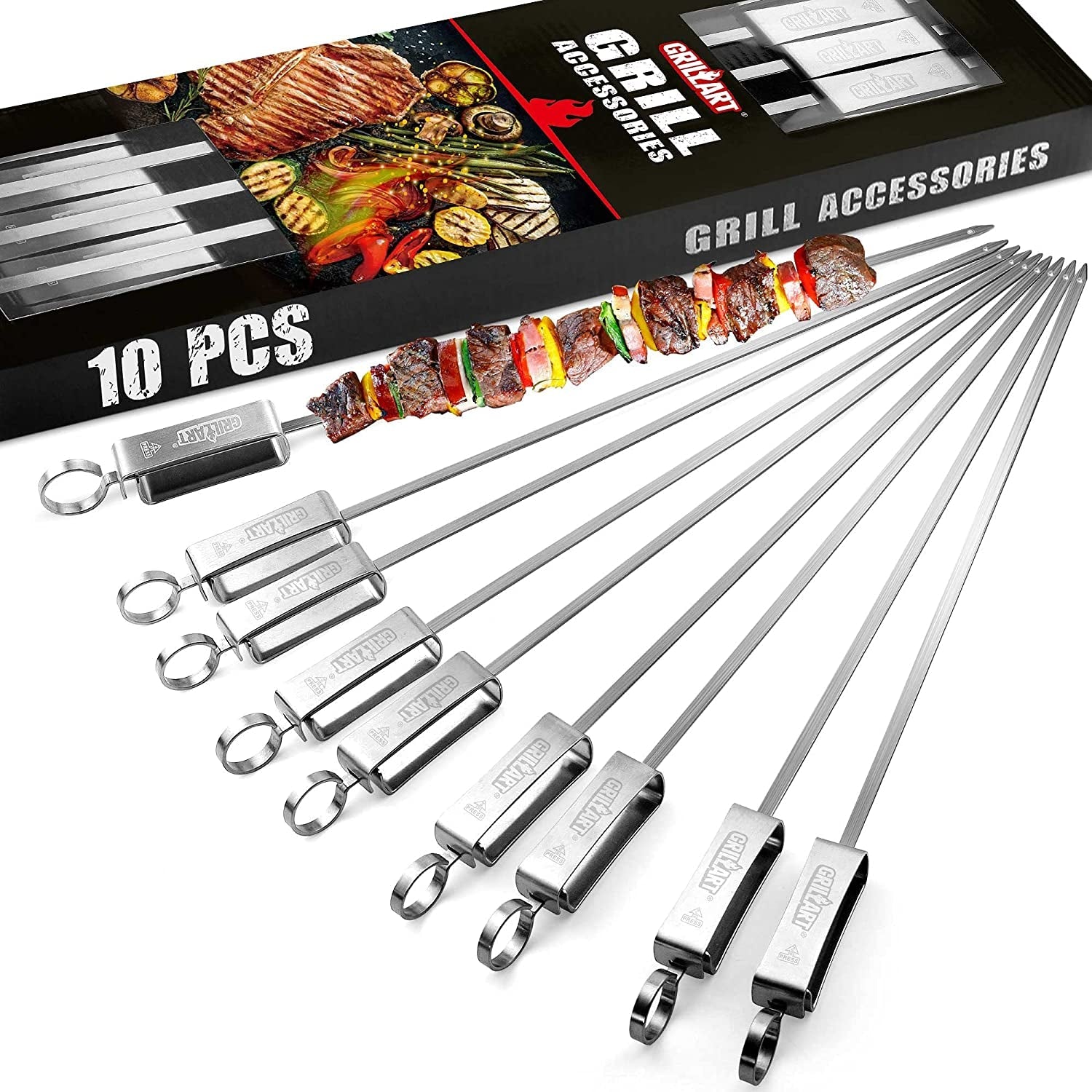 GRILLART Kabob Skewers for Grilling - Metal Skewers for Kabobs with Slider - Flat BBQ Skewers Stainless Steel - 17 Shish Kabob Grill Skewers & Ideal Kabob Sticks for Meat Shrimp Chicken Veggie(10Pcs)