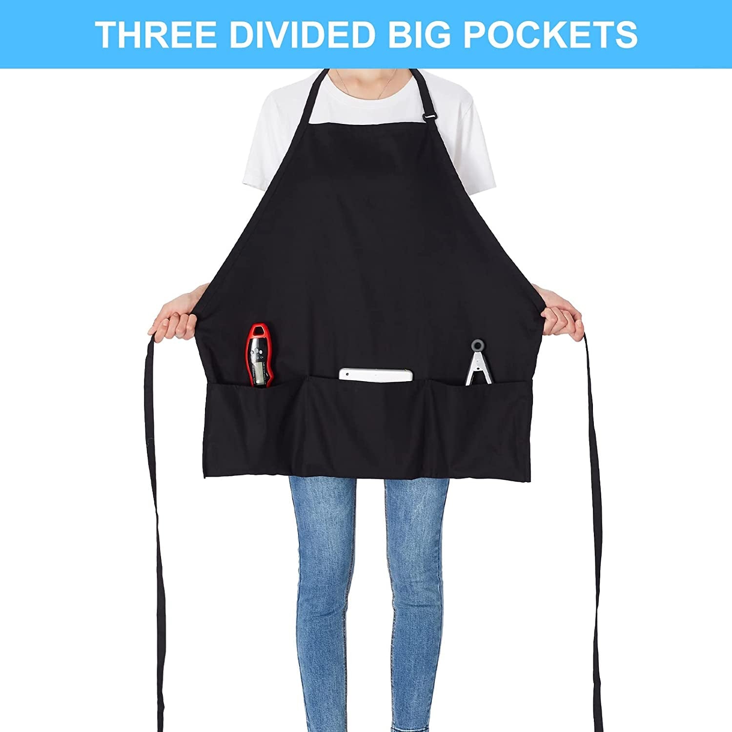 2 Pack 3 Pockets 100% Cotton Adjustable Bib Apron Chef Kitchen Cooking Aprons for Women Men. Black - Image 2