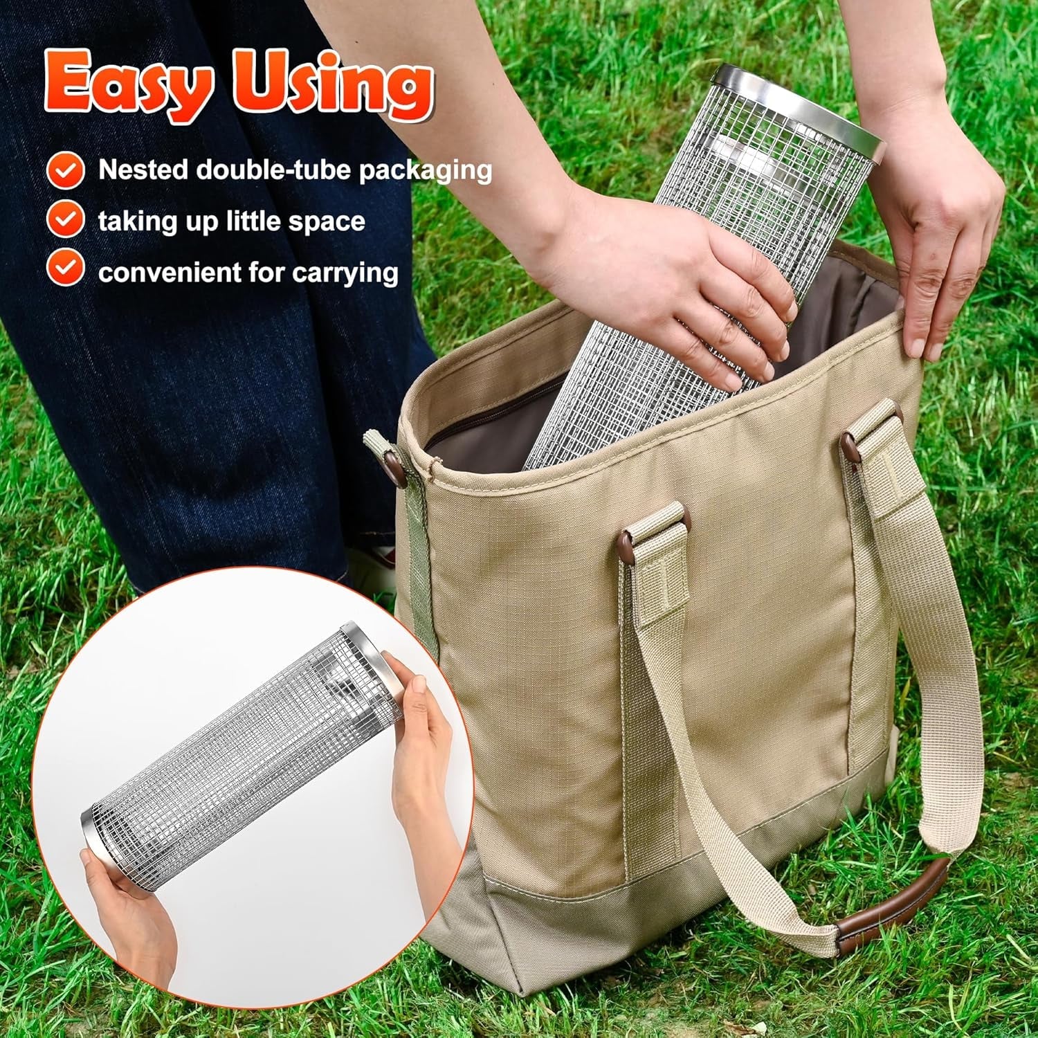 2‑Pack Stainless Steel Rolling Grill Baskets – Locking Handle. Round Design for Fish. Meat & Veggies | BBQ Gift Idea - Image 7