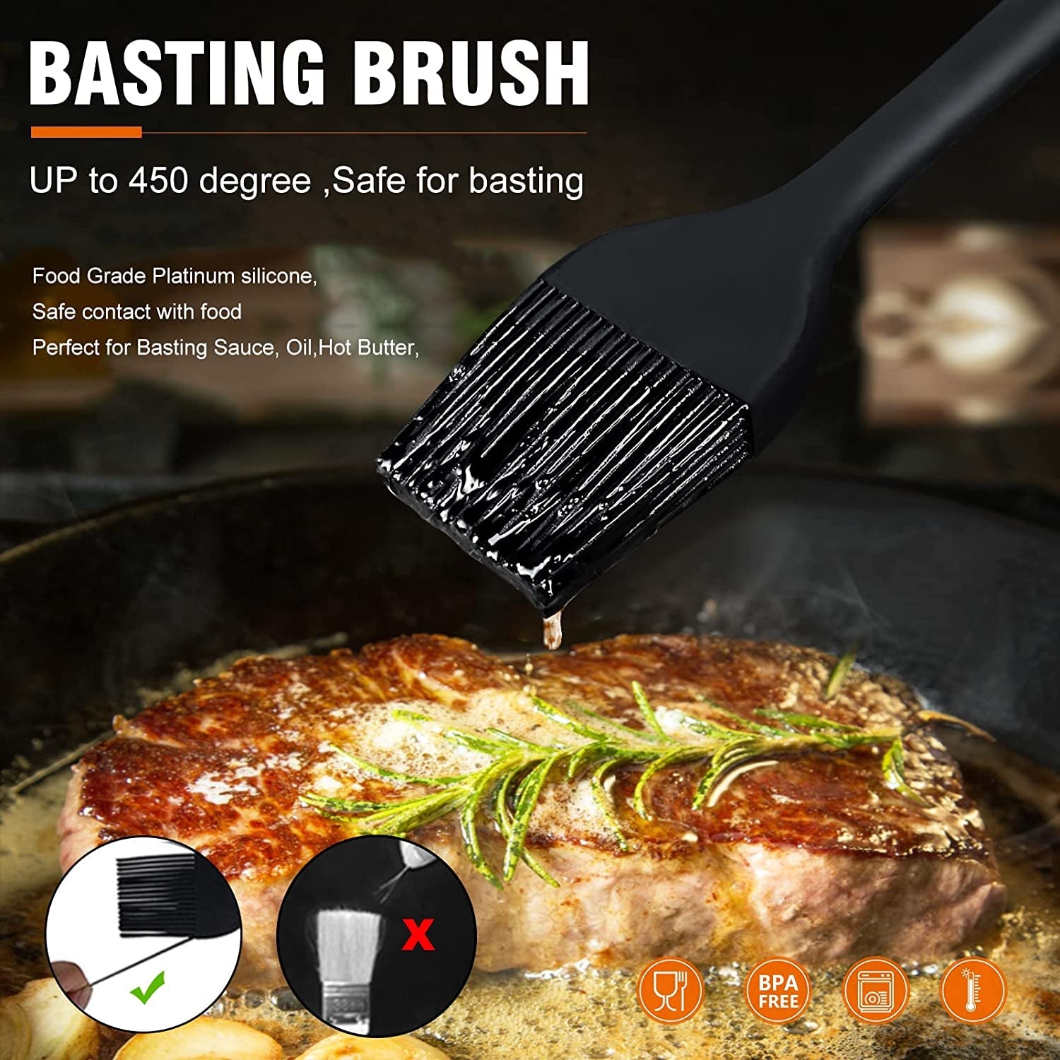 Walfos Silicone Basting Pastry Brush. Heat Resistant Pastry Brush Set. Strong Steel Core and One-Pieces Design. Perfect for BBQ Grill Baking Kitchen Cooking. BPA Free and Dishwasher Safe (2 Pcs) - Image 4