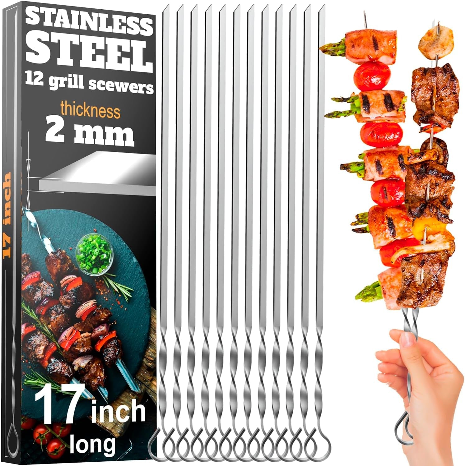Skewers for Grilling - 12 Pcs Set - 17 Inch Skewers for Kabobs Shashlik - BBQ Skewers Stainless Steel - Shish Kabob Grill Skewers Ideal Kabob Skewer for Meat Shrimp Chicken Vegetable