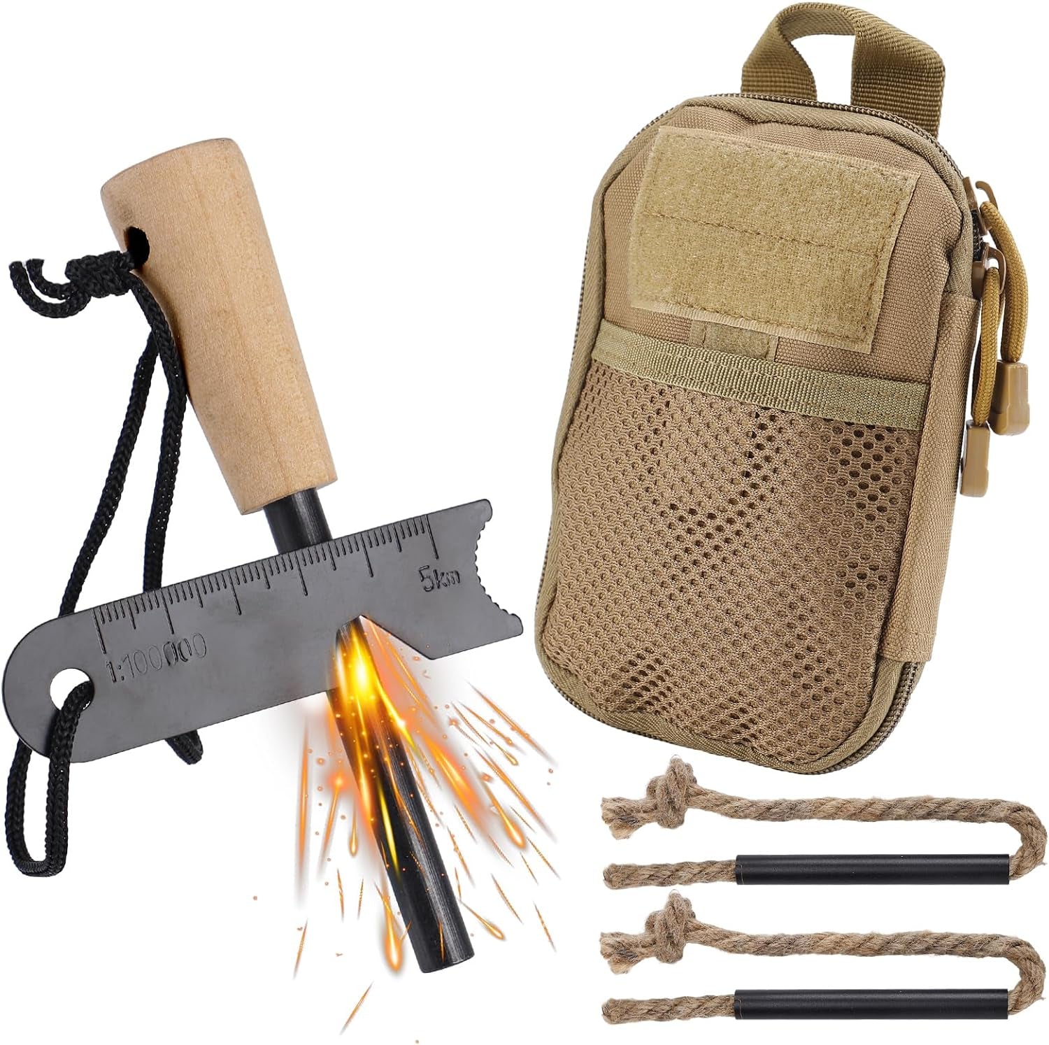Fire Starter Survival Tool. Fire Starter Kit Includes Magnesium Rod Steel Striker. 2 Pcs Wick Hemp Rope & Multifunctional Outdoor Bag / 50 Pcs Wax-Soaked Fire Plugs. Fire Starters for Campfires - Image 8