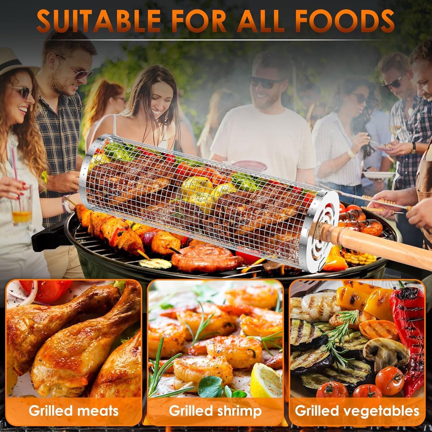 Rolling Grill Baskets for Outdoor Grill. Nesting Grill Baskets with Wood Handle Stainless Tube round Rolling Grill Net Rolling Basket for BBQ Cooking Camping - Image 3