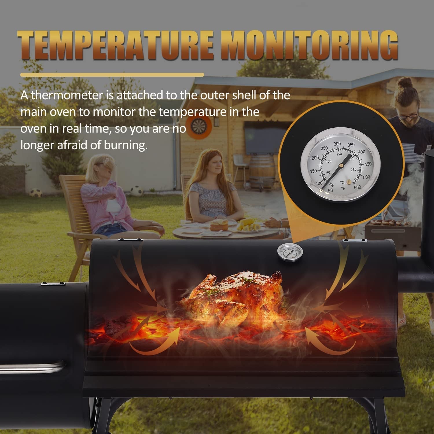 Charcoal Grills Outdoor BBQ Grill Offset Smoker with Wheels Side Fire Box Portable Barbecure Grill for Outdoor Cooking Backyard Camping Picnics.Black - Image 4