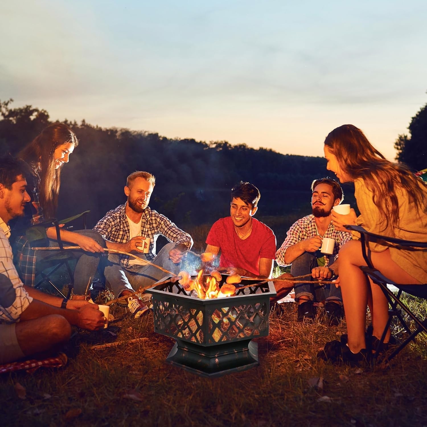 F2C Hex-Shaped Fire Pit with Fire Picker for Garden 24 Inch Wood Burning Bonfire Firebowl Outdoor Portable Steel Firepit with Flame-Retardant Mesh Lid for Patio Backyard Garden Beach Camping Picnic - Image 2