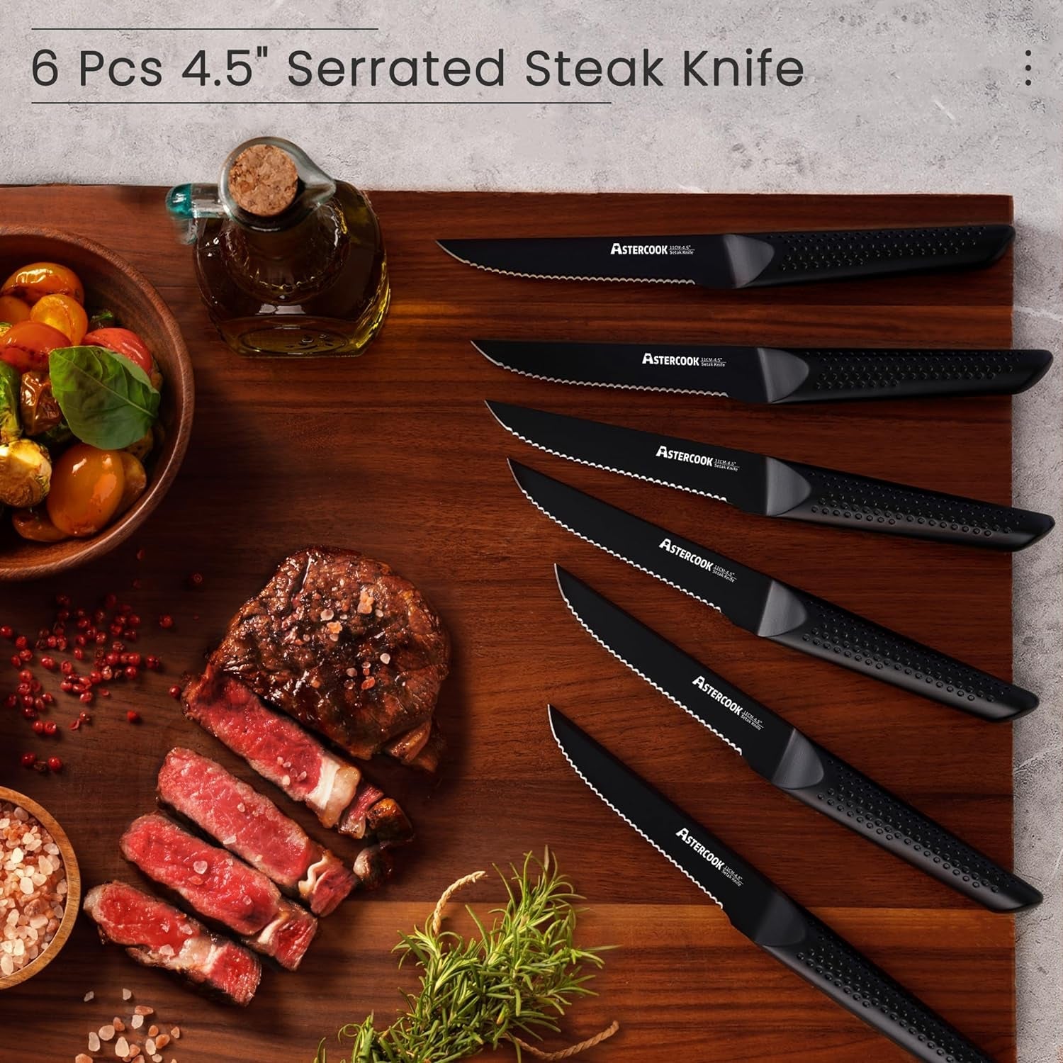 Astercook Knife Set. 15 Pieces Kitchen Knife Sets with Block and Built-In Knife Sharpener. German Stainless Steel Handle One-Piece Design Knives Block Set Dishwasher Safe. Black - Image 8