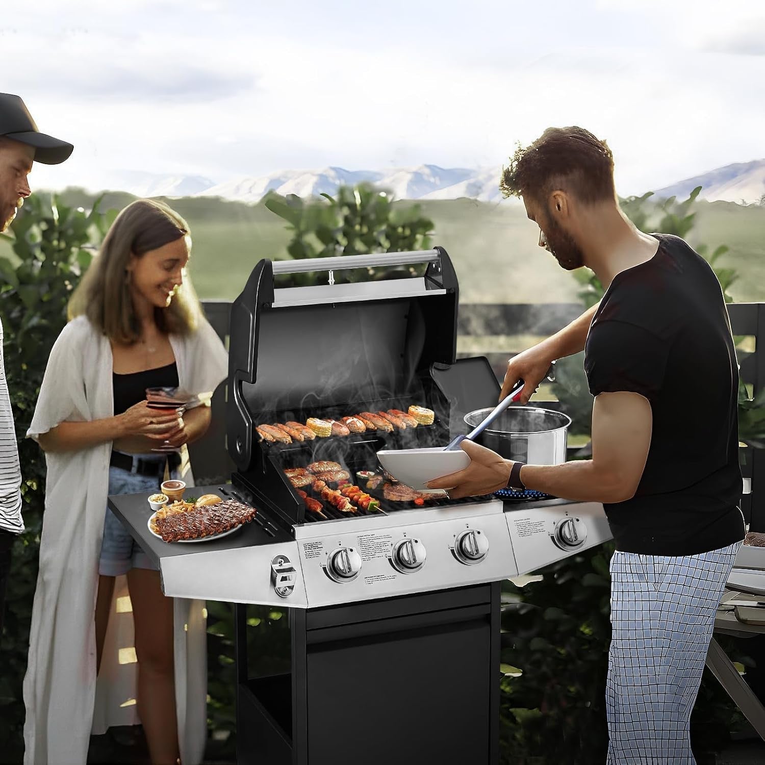 3 Burners Gas Grill with Side Burner. Propane Grill with Wheels and Storage. Outdoor Gas BBQ with Oil Tray and Thermometer for Patio and Party. 37000 BTU - Image 3