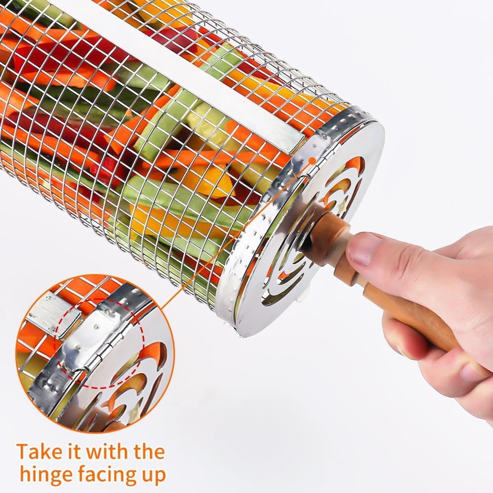 Rolling Barbecue Cage Large Stainless Steel Grilling Basket for Outdoor BBQ Mesh Net Tube Cooking Accessories for Vegetable Fish Camping Gift for Men Dad Husband Housewarming Perfect BBQ Tool - Image 4