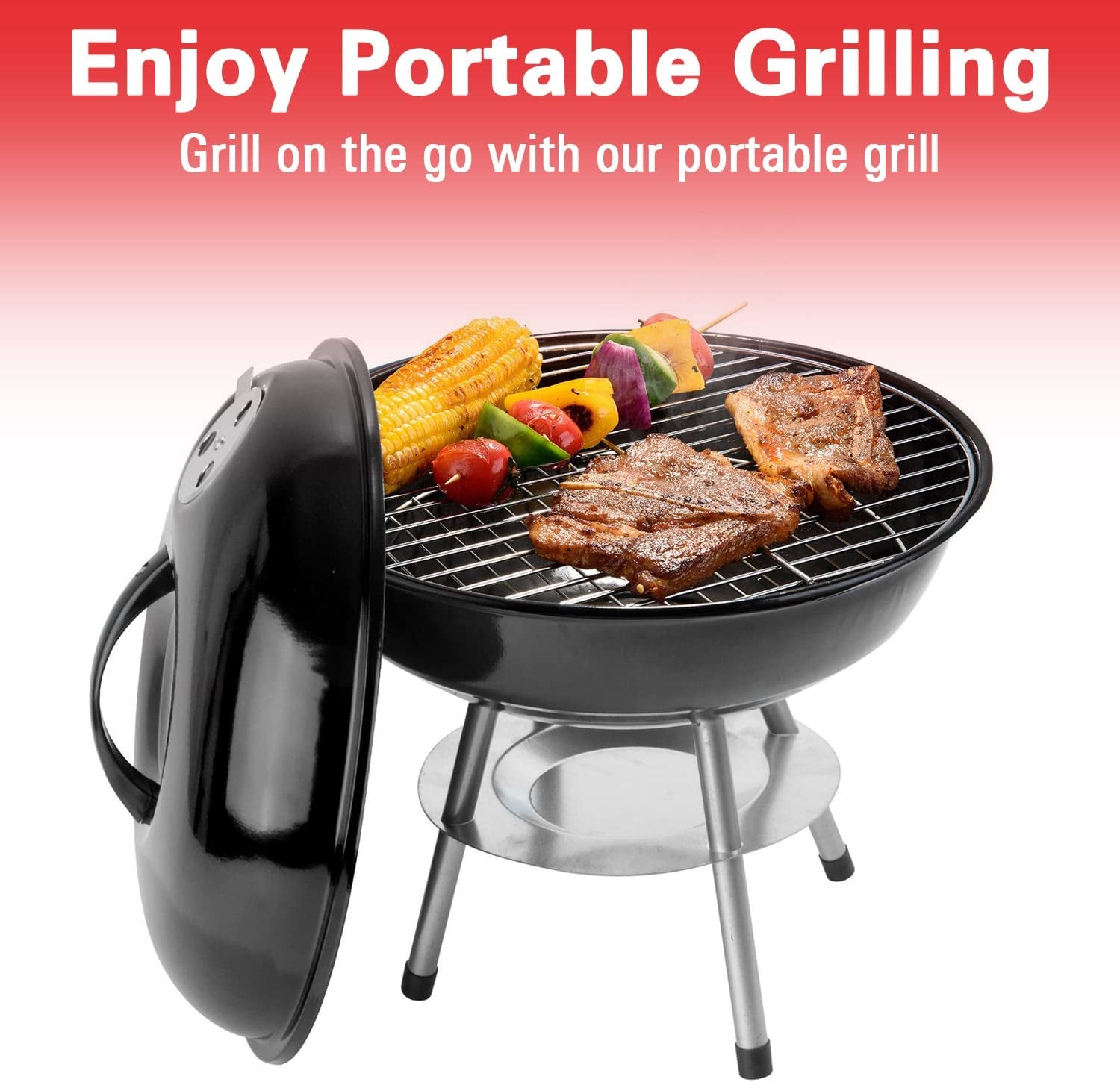 Alpine Cuisine Premium 14 Charcoal BBQ Grill round for Outdoor Cooking. Barbecue Coal Kettle Bowl Grill Portable Heavy Duty round with Legs Grilling for Tailgating Patio Backyard Camping - Black - Image 6