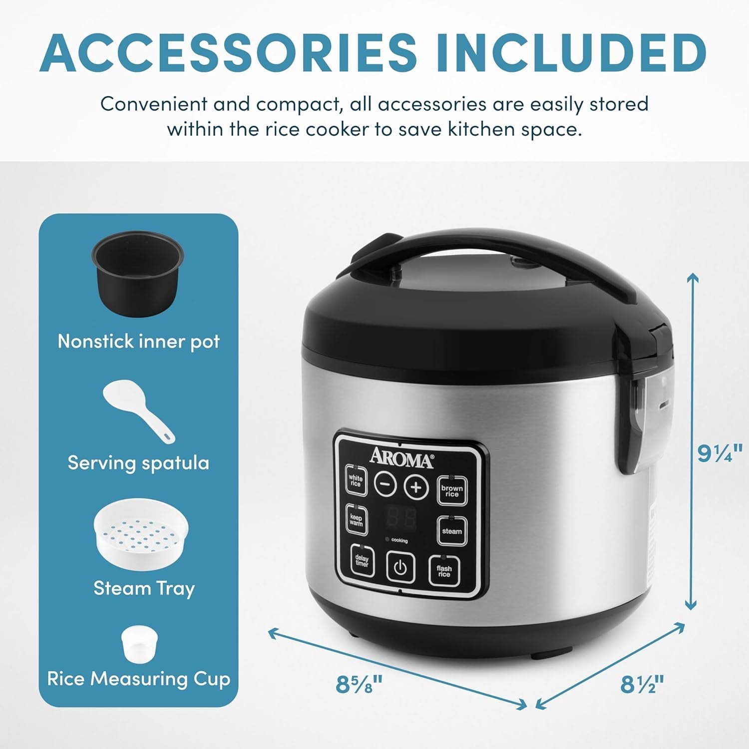 AROMA Digital Rice Cooker. 4-Cup (Uncooked) / 8-Cup (Cooked). Steamer. Grain Cooker. Multicooker. 2 Qt. Stainless Steel Exterior. ARC-914SBD - Image 3