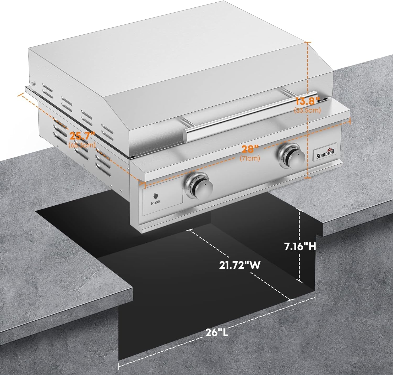 28-Inch Premium Built-In Natural Gas Griddle for Outdoor Kitchen Grill. Durable Stainless Steel 2-Burner Flat Top Grill with Lid for BBQ Island. 34.000 Btus - Image 5