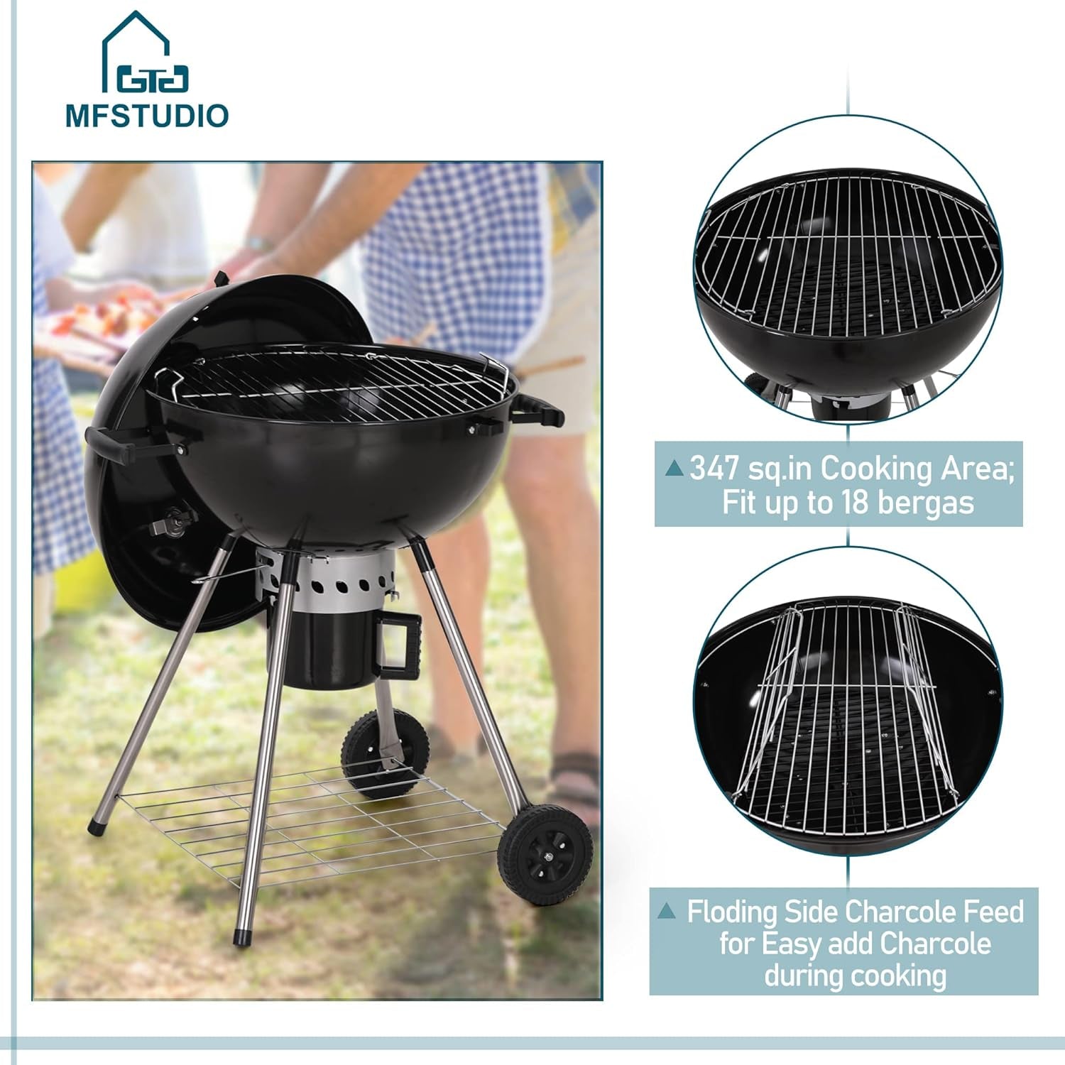 MFSTUDIO 22 Master Kettle Charcoal Grill. Premium Outdoor Barbecue Grill with Thermometers. Porcelain-Enameled Lid & Ash Catcher. Black - Image 3