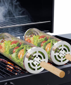 Nesting Grill Baskets (2 PCS). 304 Stainless Steel with Removable Wooden Handle. Rolling Grilling Net. BBQ Accessories Tools for Vegetables Shrimp. Outdoor Camping. Gifts for Men Dad and Husband