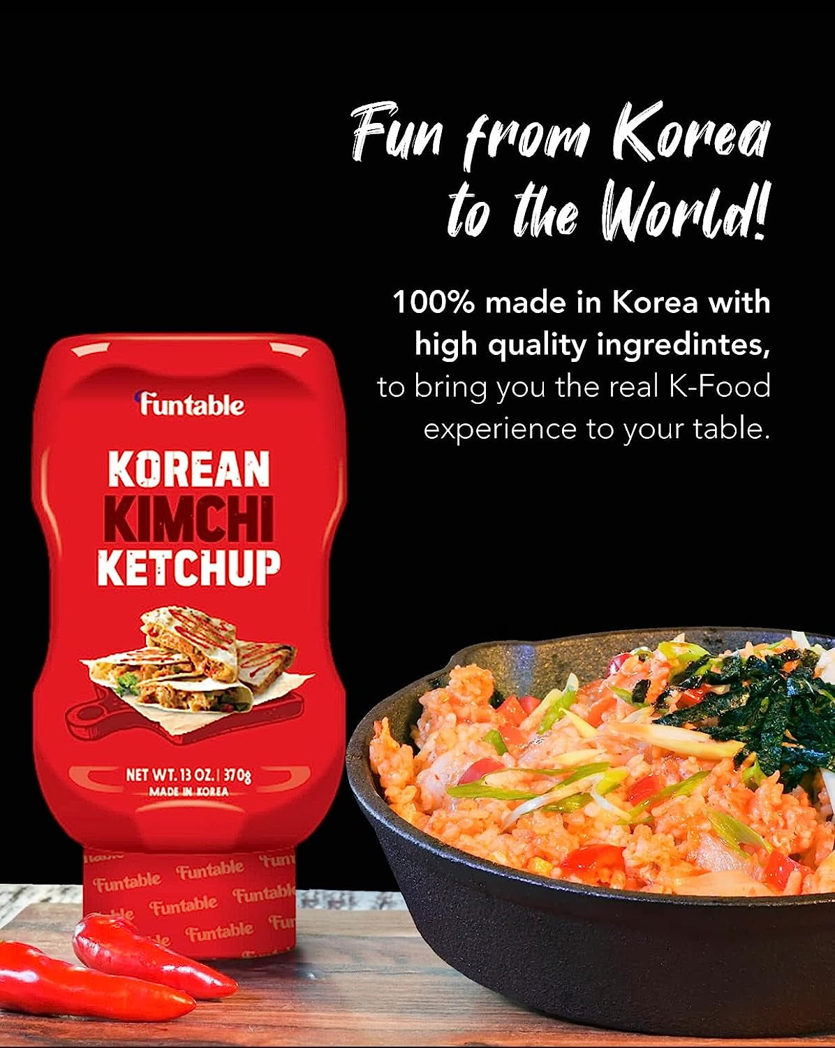 Funtable Korean Kimchi Ketchup (13Oz. Pack of 1) - Savoury & Spicy Low-Calorie Ketchup. Great Flavors. Easy-To-Use. Perfect for Chicken. Nuggets. Wings & Nachos. Tomato Sauce Alternative. - Image 4