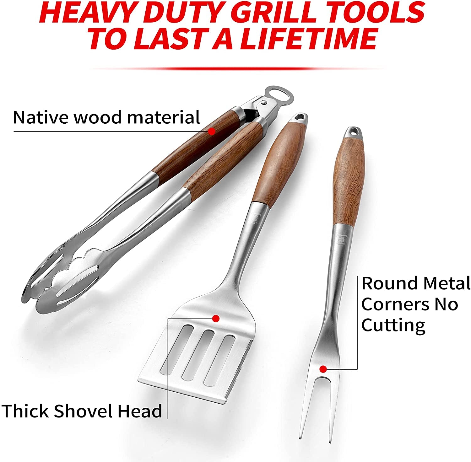 GRILAZ Heavy-Duty Rose Wooden BBQ Grilling Tools Set. Extra Thick Stainless Steel Multi-Function Spatula. Fork & Tongs | Essential Accessories for Barbecue & Grill. Ideal Gift for Father - Image 2