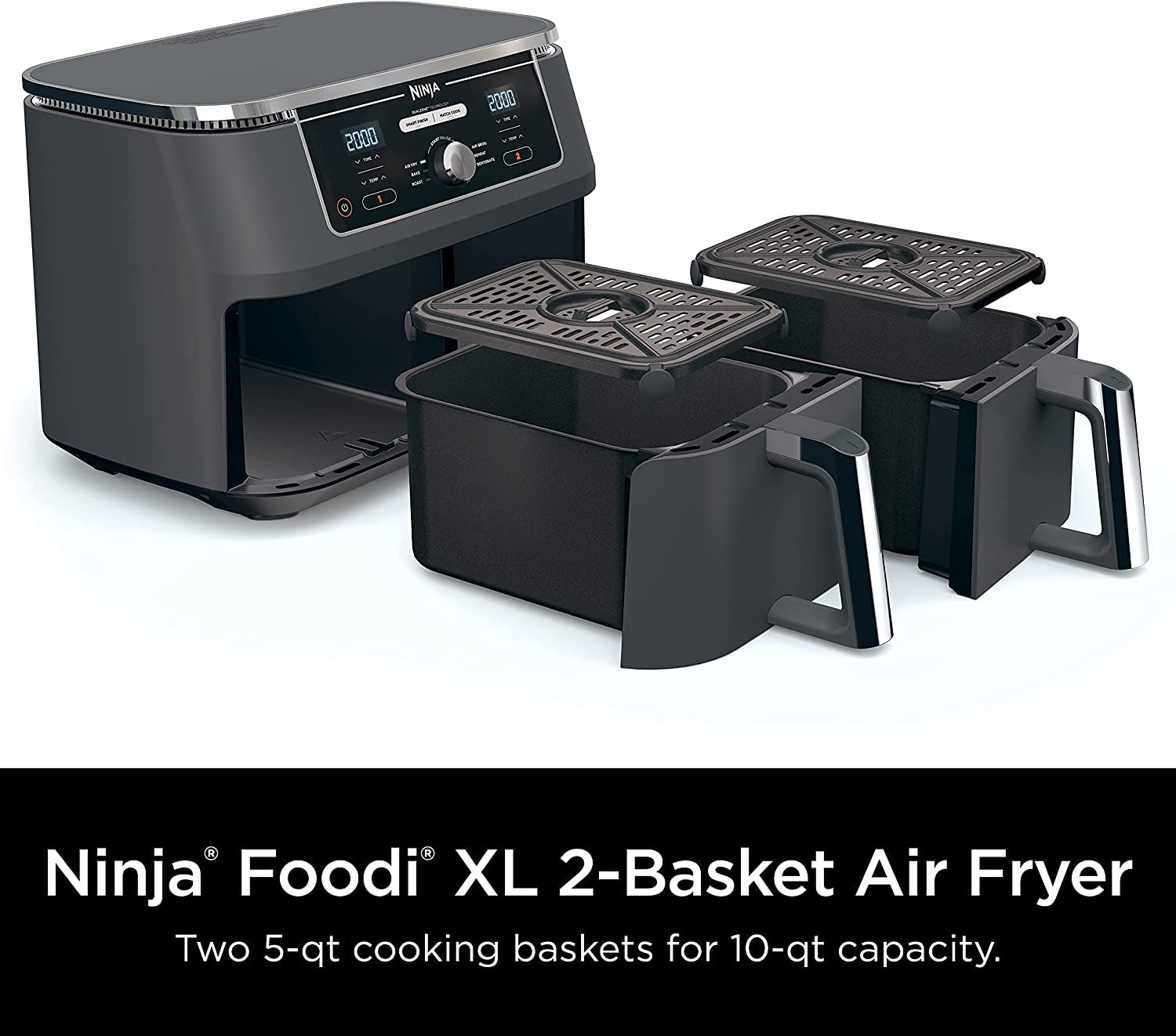 DZ401 Foodi 10 Quart 6-In-1 Dualzone XL 2-Basket Air Fryer with 2 Independent Frying Baskets. Match Cook & Smart Finish to Roast. Broil. Dehydrate for Quick. Easy Family-Sized Meals. Grey - Image 6