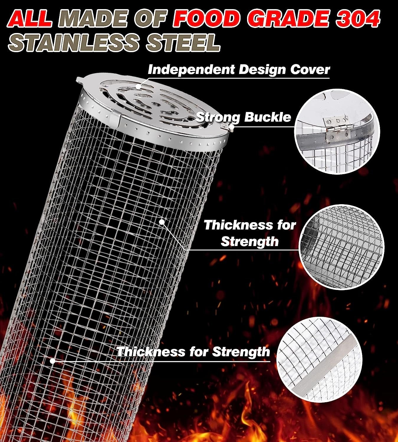 Rolling Grilling Baskets for Outdoor Grill Bbq Net Tube Stainless Steel Large round Mesh Rotation Barbecue Cylinder Cage Cooking Accessories for Veggies Vegetable Fish Meat Food Camping. Gift for Men - Image 4