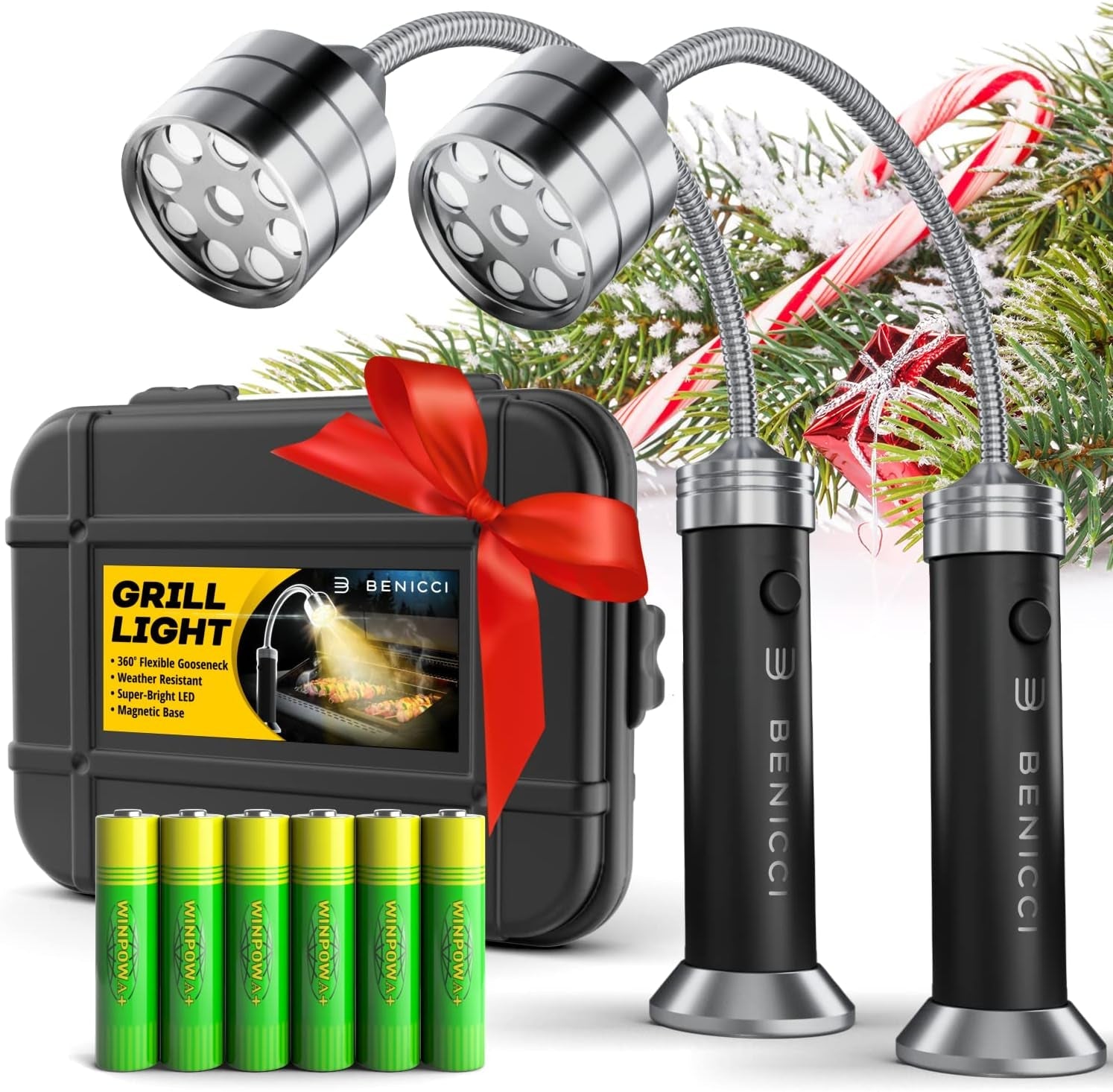 Flexible LED BBQ Grill Lights Set of 2 - the Perfect Grilling Accessories Light with 360-Degree Magnetic Base and Gooseneck - 100% Portable Weatherproof Outdoor Lamp W/ 6 Batteries Included