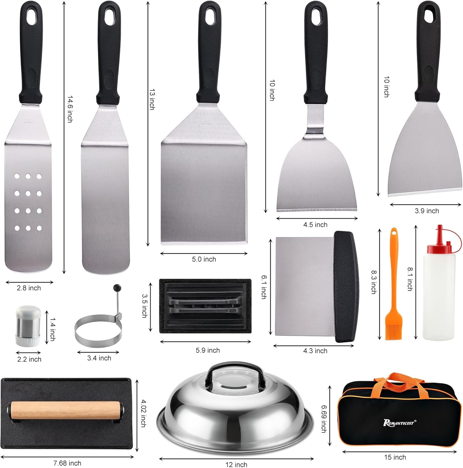 ROMANTICIST 19PCS Griddle Accessories Set - Flat Top Teppanyaki Spatula Set with Scraper. Basting Cover for Camp Chef- Home Cooking Griddle and Outdoor BBQ Gifts for Christmas - Image 2