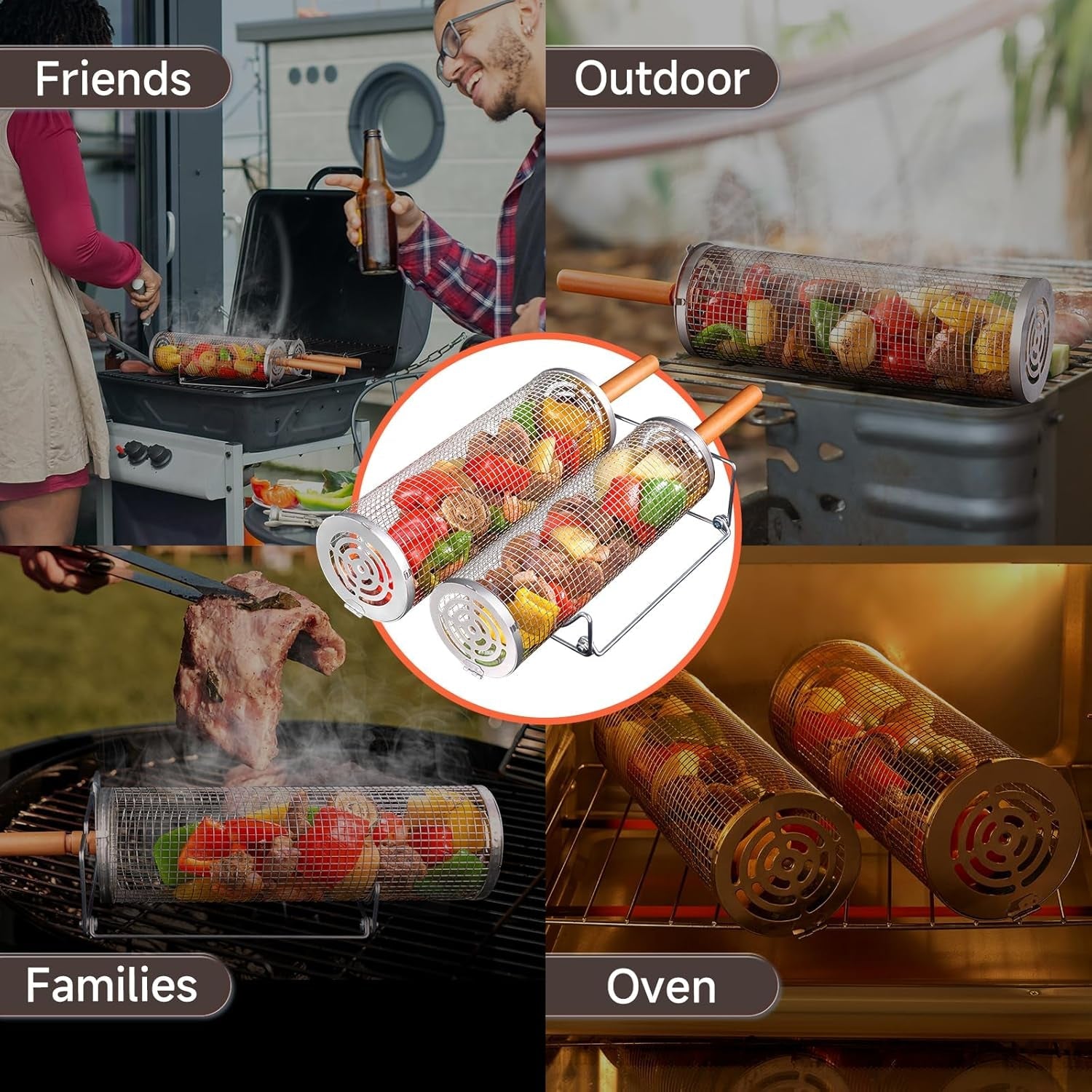 Rolling Grill Basket for Outdoor Grill 2 PCS. BBQ Grilling Gifts for Men Dad Husband. Stainless Steel Grill Mesh Barbeque Grill Accessories. Grilling Net with Wooden Handle & Stands. Outdoor Camping Tools for Chicken. Meat. Fish. Steak. Vegetables. Seafoo - Image 6