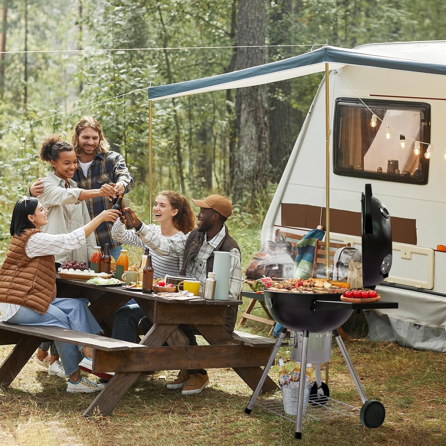 22 Inch Charcoal Grill with 2 Foldable Side Tables.Charcoal Kettle Grills with Wheels.Outdoor Bbq Grill.Portable Charcoal Grill for Camping.Party.Backyard (Black) - Image 7